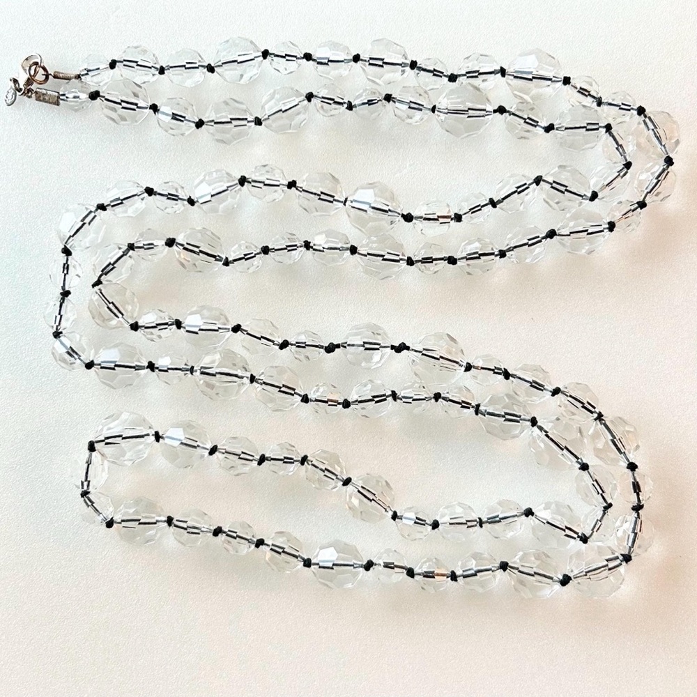 Vintage PREMIER DESIGNS 1980s 1990s Clear Faceted Lucite Beads on Black Cord 60”